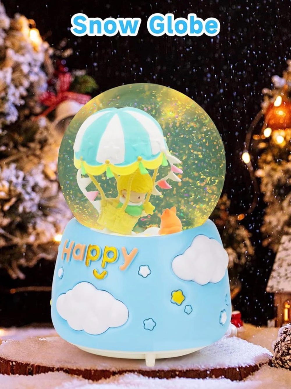 Happy Blue Snow Globe Home music lights changing music box Party Decoration kids